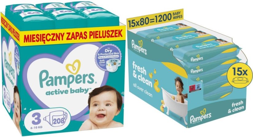 Pampers Pieluchy Active Baby 3, 6-10 kg, 208 szt. +1200szt. chusteczek Freshclean