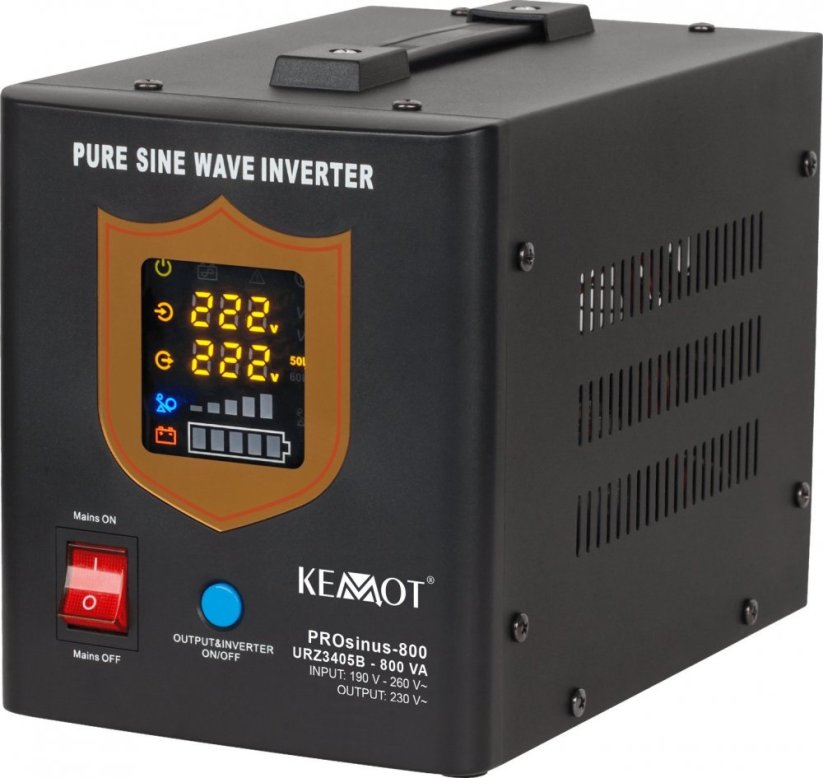 Kemot Zasilacz awaryjny KEMOT PROsinus-800 przetwornica z czystym przebiegiem sinusoidalnym i funkcją ładowania 12V 230V 800VA/500W - farba Čierny