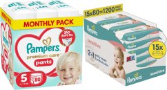 Pampers Pieluchomajtki Premium Care 5 11-17 kg, 80 szt. +1200szt. chusteczek Sensitive