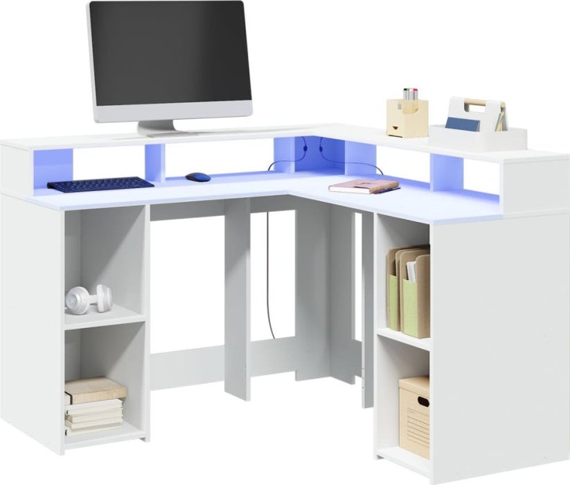 vidaXL Biurko z podświetleniem LED, biele, 130x130x91 cm