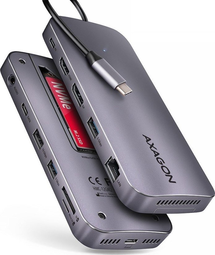 Axagon HMC-12GM2 hub USB 12 in1 10Gbps, 3x USB-A, USB-C, HDMI, DP, RJ-45, M.2, SD/mSD, audio, PD