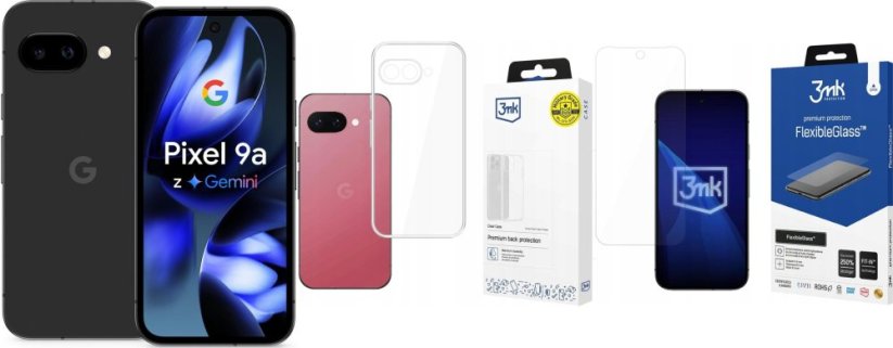 Google Pixel 9A 5G 8/256GB Czarny (GA09566-GB) + FlexibleGlass + Etui Clear Case