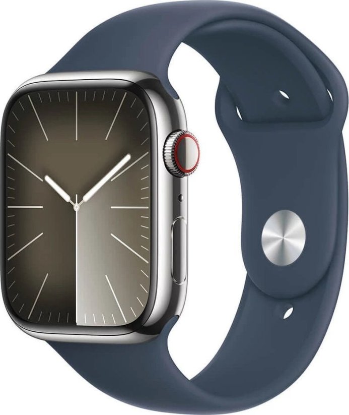 Apple Watch Series 9 GPS + Cellular, 45mm Koperta ze stali nierdzewnej w farbaze strieborným z paskiem sportowym w farbaze sztormowego błękitu - S/M