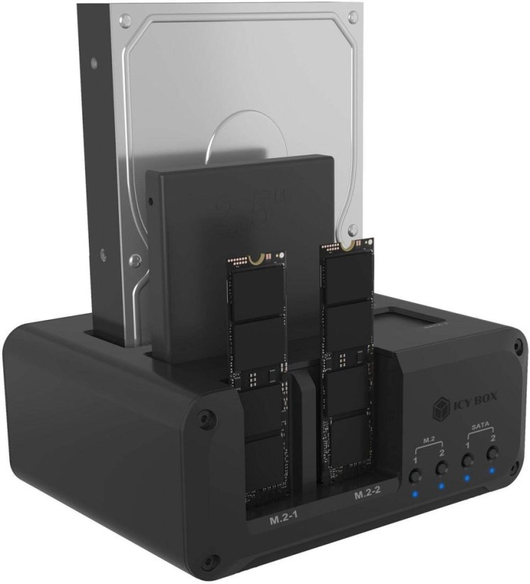 Icy Box 4-bay Stacja dokująca Pre 2x M.2 NVME i 2x 2,5"/3,5" HDD/SSD w trybie pojedynczym, Host USB 3.2 Gen 2, 10 Gbps (Club Case 2925)
