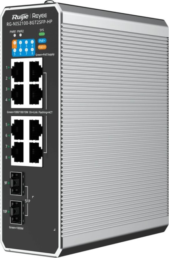 TP-Link Ruijie Reyee RG-NIS2100-8GT2SFP-HP| Switch zarządzalny przemysłowy, 10 portów, 8xGE, 1xPoE++, 7xPoE+, 300W, 2xSFP, L2, Cloud