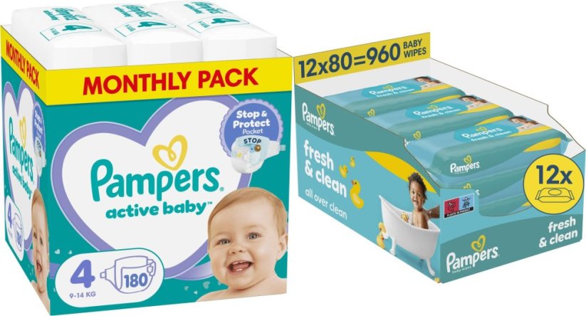 Pampers Pieluchy Active Baby 4, 9-14 kg, 180 szt. +960szt. chusteczek Freshclean