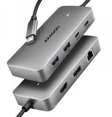 Axagon HMC-CUB83X2, USB 10Gbps hub, 2x USB-A, USB-C, HDMI & DP 4k/144Hz, RJ-45 GLAN, PD 100W, kabel USB-C 15cm