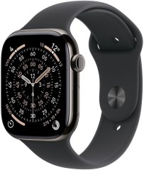 Apple Watch Series 11 GPS + Cellular, 46 mm titánové puzdro, bridlicová farba, čierny športový remienok – veľkosť M/L