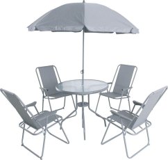 Saska Garden Sada mebli záhradných ookrúhly stôl 4 kreslá i parasol tmavé Sivý
