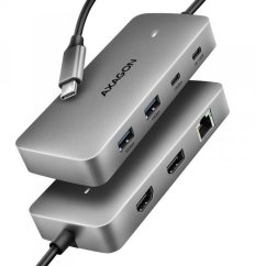 Axagon HMC-CUB83X2, USB 10Gbps hub, 2x USB-A, USB-C, HDMI & DP 4k/144Hz, RJ-45 GLAN, PD 100W, kabel USB-C 15cm