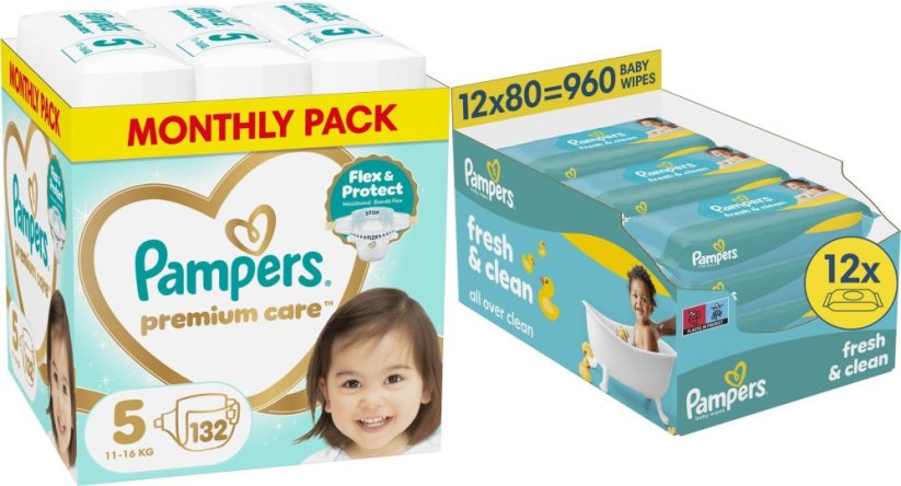 Pampers Pampersy Premium Care 5, 11-16 kg, 132 szt. +960szt. chusteczek Freshclean