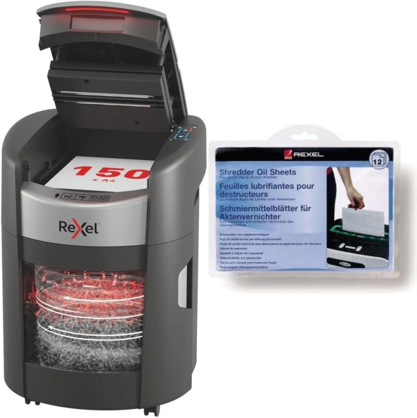 Rexel ShredMax AutoFeed+ 150M P-5 211 W + Arkusze olejowe do niszczarki 12 szt.