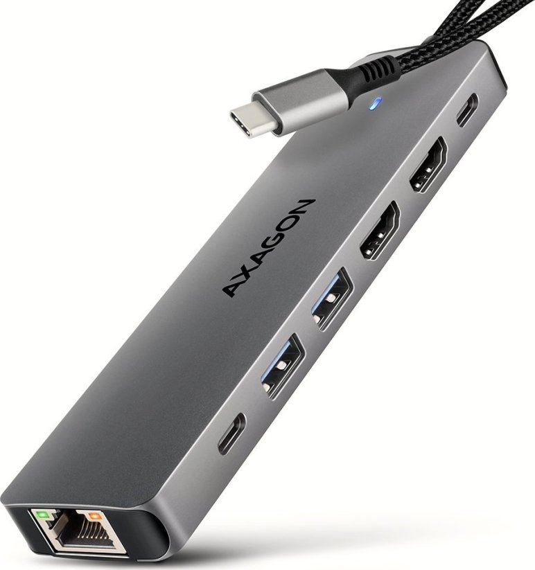Axagon ML HMC-7HX2 Wieloportovy hub USB 7in1, 5Gbps, 2x USB-A, 1x USB-C, 2x HDMI 4K/60Hz, GLAN, PD 100W, 15cm USB-C kabel