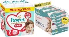 Pampers Pieluchomajtki Premium Care 7, 15+ kg, 62 szt. +1200szt. chusteczek Sensitive