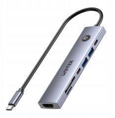 Unitek Hub USB-C 7w1 4K@60Hz, PD 100W i przycisk HDMI On/Off
