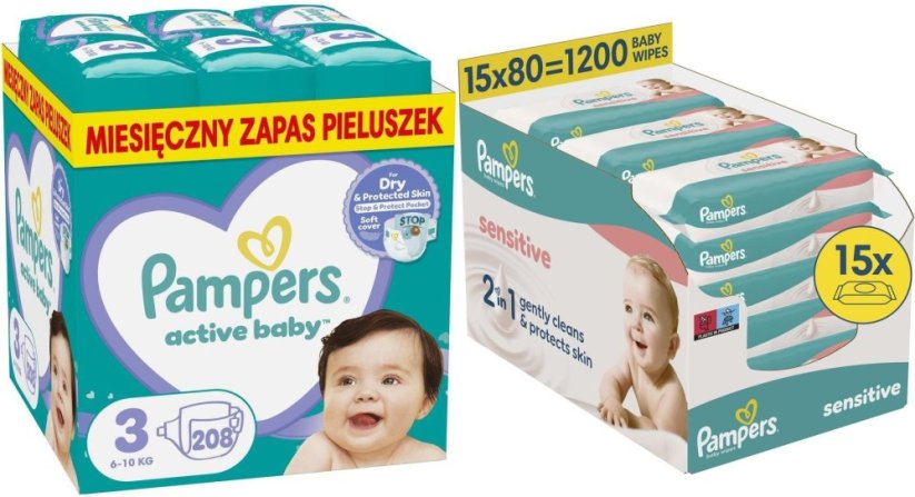 Pampers Pieluchy Active Baby 3, 6-10 kg, 208 szt. +1200szt. chusteczek Sensitive