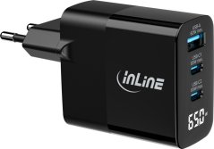 Manhattan InLine® USB PD Netzteil, GaN Ladegerät, 3-Port, USB-C + USB-A, 65W, mit Display