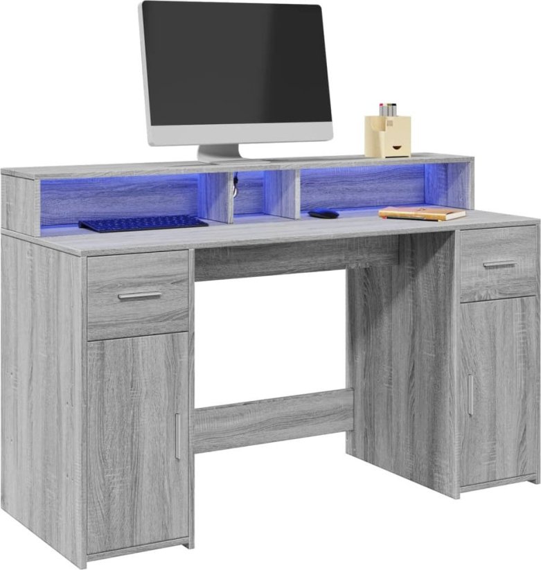 vidaXL Biurko z podświetleniem LED, Sivý dub sonoma, 140x55x91 cm