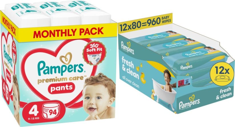 Pampers Pieluchomajtki Premium Care 4 9-15 kg, 94 szt. +960szt. chusteczek Freshclean