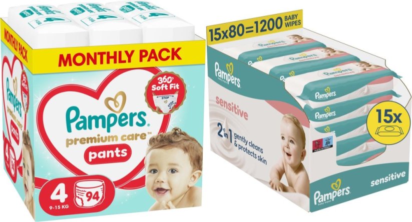 Pampers Pieluchomajtki Premium Care 4 9-15 kg, 94 szt. +1200szt. chusteczek Sensitive