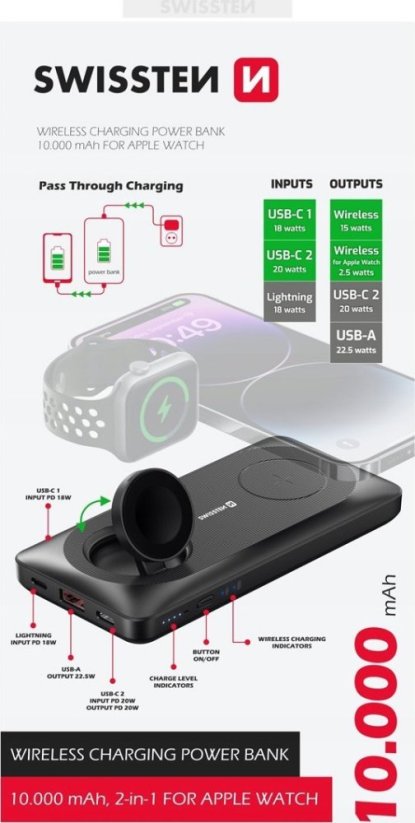 Swissten Power Bank 10000 Mah 2In1 for Apple Watch And Magsafe