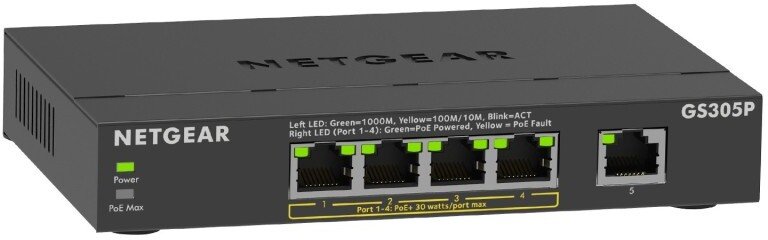 NETGEAR GS305P PoE Gigabit Ethernet Unmanaged Plus Switch, 1x 1G Ethernet Port, 4x 1G PoE Ethernet Port