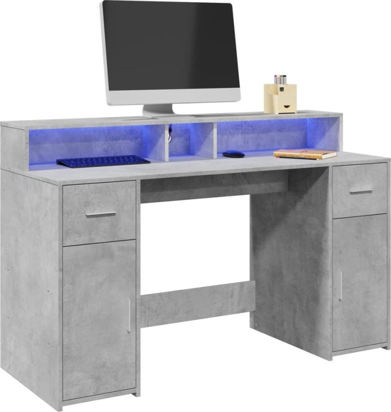 vidaXL Biurko z podświetleniem LED, betonowa szarość, 140x55x91 cm