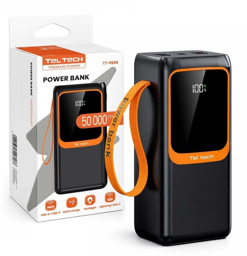 powerbanka Teltech TT-PB50 s batériou 5A 22,5W, kábel Type-C / Lightning, čierna 50000mAh