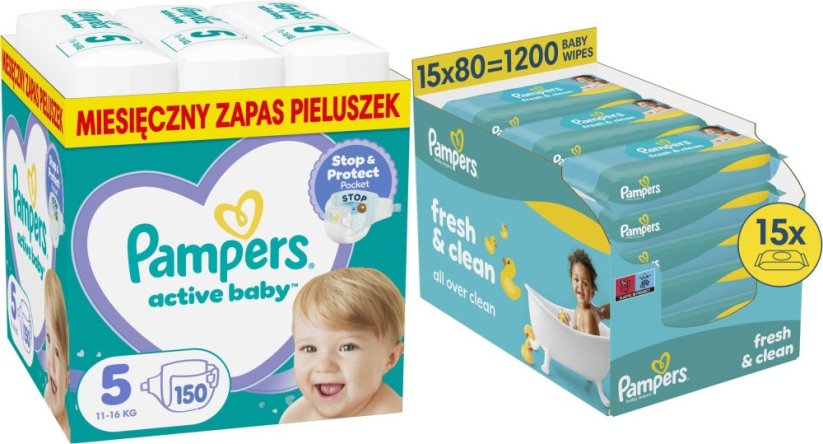 Pampers Pieluchy Active Baby 5, 11-16 kg, 150 szt. +1200szt. chusteczek Freshclean