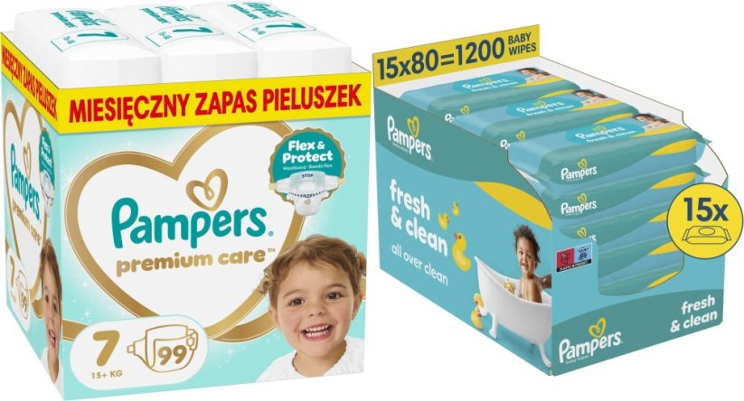 Pampers Pampersy Premium Care 7, 15+ kg, 99 szt. +1200szt. chusteczek Freshclean