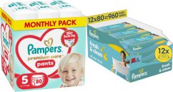 Pampers Pieluchomajtki Premium Care 5 11-17 kg, 80 szt. +960szt. chusteczek Freshclean