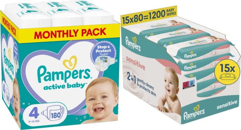 Pampers Pieluchy Active Baby 4, 9-14 kg, 180 szt. +1200szt. chusteczek Sensitive