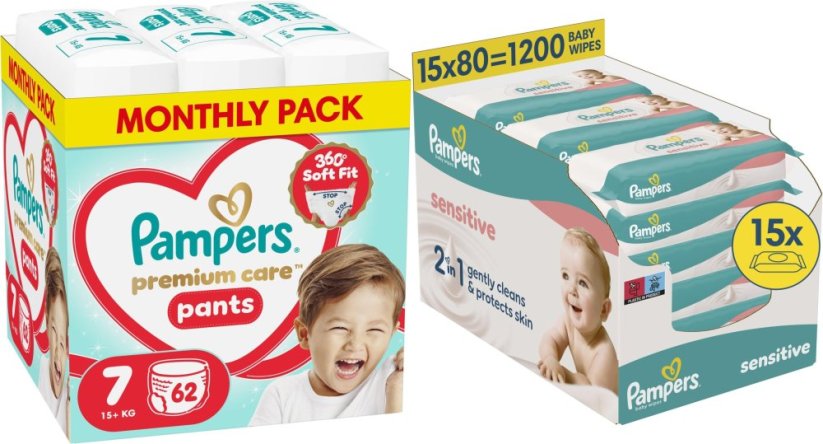 Pampers Pieluchomajtki Premium Care 7, 15+ kg, 62 szt. +1200szt. chusteczek Sensitive