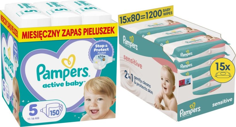 Pampers Pieluchy Active Baby 5, 11-16 kg, 150 szt. +1200szt. chusteczek Sensitive