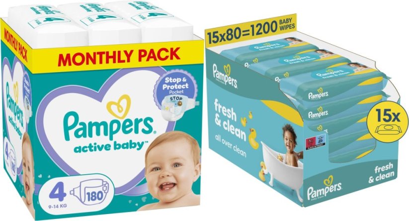 Pampers Pieluchy Active Baby 4, 9-14 kg, 180 szt. +1200szt. chusteczek Freshclean