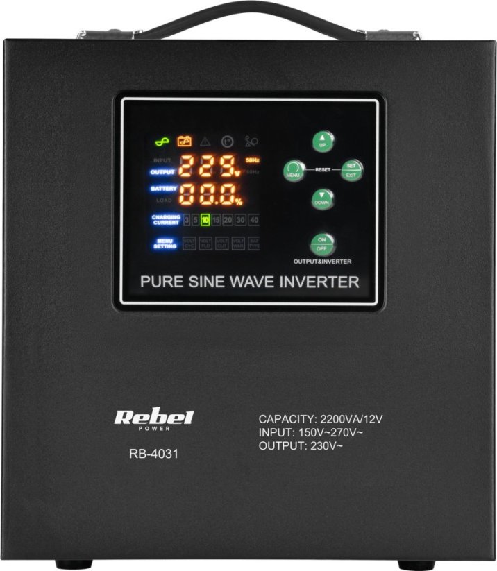 Rebel Zasilacz awaryjny POWER-2200-LFP4 - przetwornica z czystym przebiegiem sinusoidalnym i funkcją ładowania 12V 230V 2200VA/1600W (RB-4031)