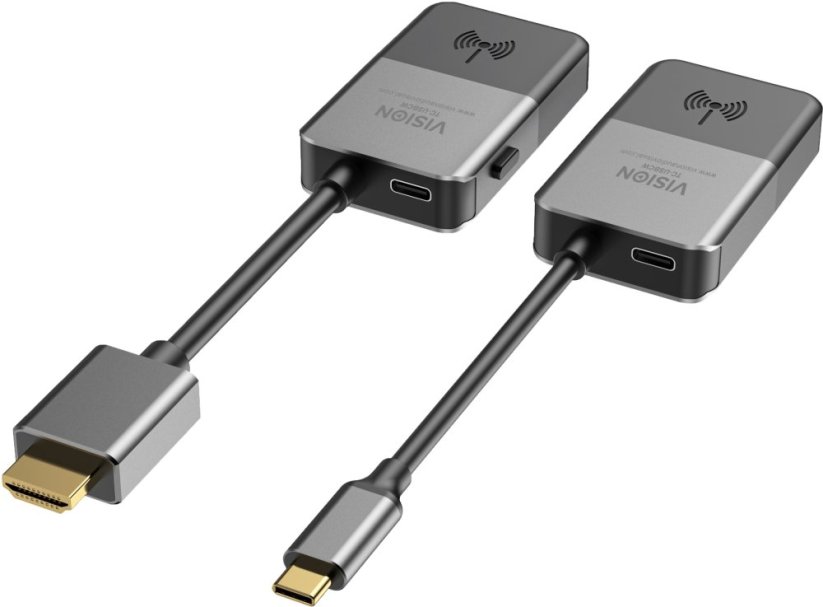 Vision Transmitter jest podłączany do portu USBC Notebooka - Wysyła HDMI bezprzewodowo do 10 m - Odbiornik jest podłączany do portu HDMI wyświetlacza - Rozdzielczość do 4K przy 30 Hz - optymalizowany do zastosowań w zakresie oznakowania i prezentacji