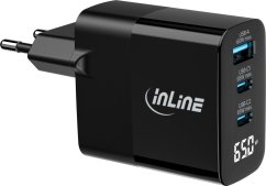 Manhattan InLine® USB PD Netzteil, GaN Ladegerät, 3-Port, USB-C + USB-A, 65W, mit Display