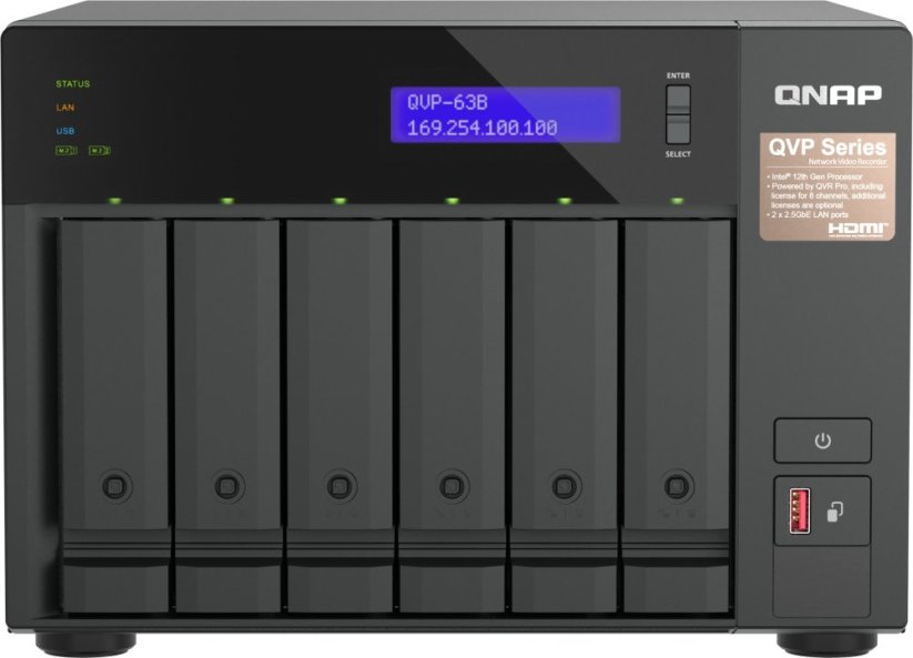 Qnap QVP-63B 8-kanałowy 6-zatokowy Tower Intel Core i3 16GB DDR4 0TB Čierny