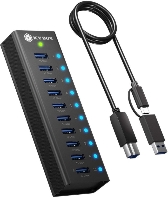 Icy Box Box 10-Port USB 3.2 Gen 2 (10 Gpbs) Hub z 1x portem ładowania tabletu, z zasilaczem 12 V/4 A, całkowicie metalowy (Club Hub 6110)