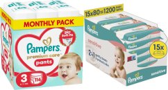 Pampers Pieluchomajtki Premium Care 3 6-11 kg, 114 szt. +1200szt. chusteczek Sensitive