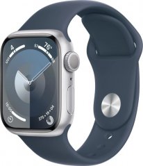 Apple Watch Series 9 GPS, 41mm Koperta z aluminium w farbaze strieborným z paskiem sportowy w farbaze sztormowego błękitu - M/L