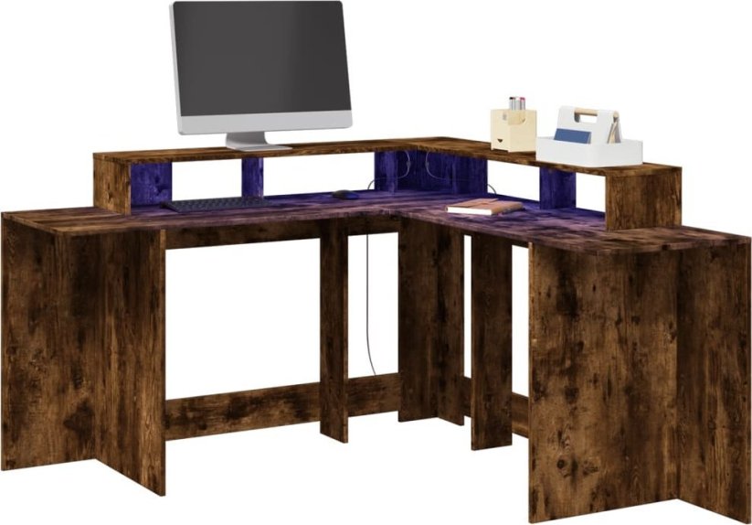vidaXL Biurko z podświetleniem LED, przydymiony dub, 152x152x91 cm
