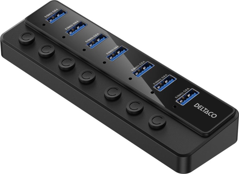 Deltaco USB-A Hub – 7 Ports – With Power Switches – Power Supply – Black