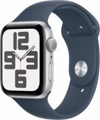 Apple Watch SE GPS, 44mm Koperta z aluminium w farbaze strieborným z paskiem sportowym w farbaze sztormowego błękitu - M/L