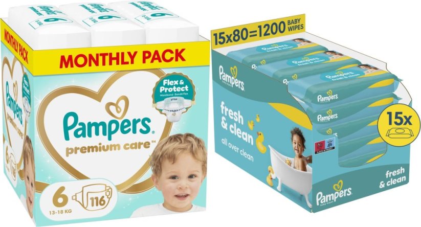 Pampers Pampersy Premium Care 6, 13-18 kg, 116 szt. +1200szt. chusteczek Freshclean