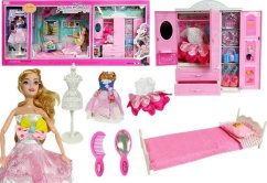 LeanToys Bábika z Ubrankami Garderobą Pokój Meble Szafa Łóżko Príslušenstvo