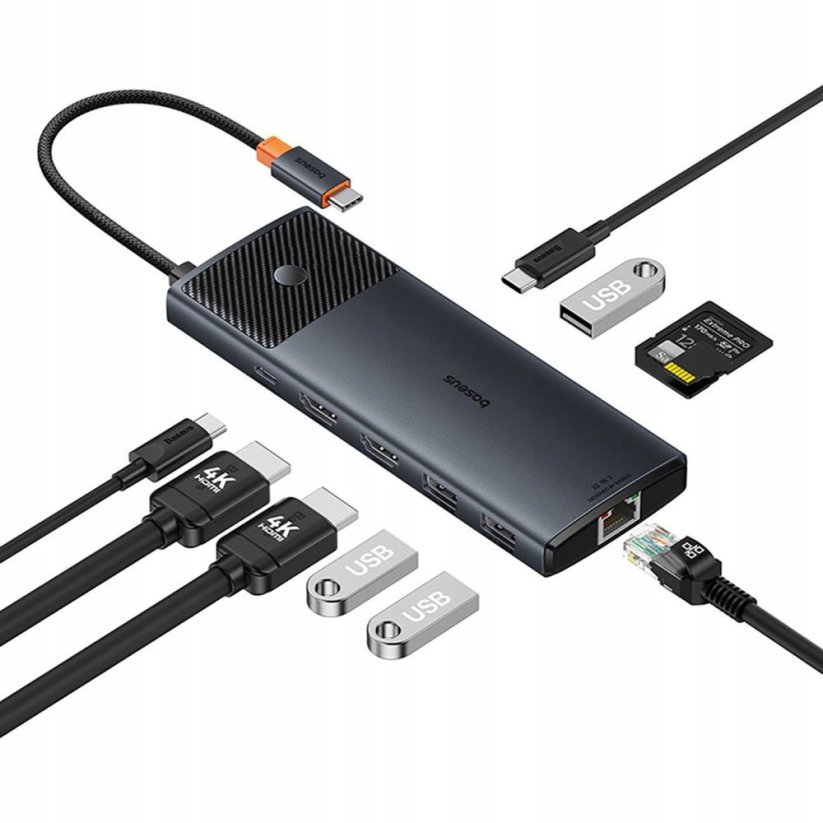 Baseus Metal Gleam II 10w1 1x RJ-45 1x SD 1x TF 1x microSD 2x USB-C 2x HDMI  + 3x USB-A 3.2 Gen2 (6932172689667)