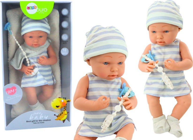 LeanToys Bábika Bobas w Biało-Modrým Ubranku Czapeczka Smoczek Śliniaczek Kołderka