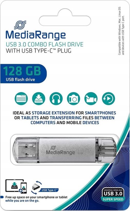 MediaRange MediaRange MR938 pamięć USB 128 GB USB Type-A / USB Type-C 3.2 Gen 1 (3.1 Gen 1) strieborný